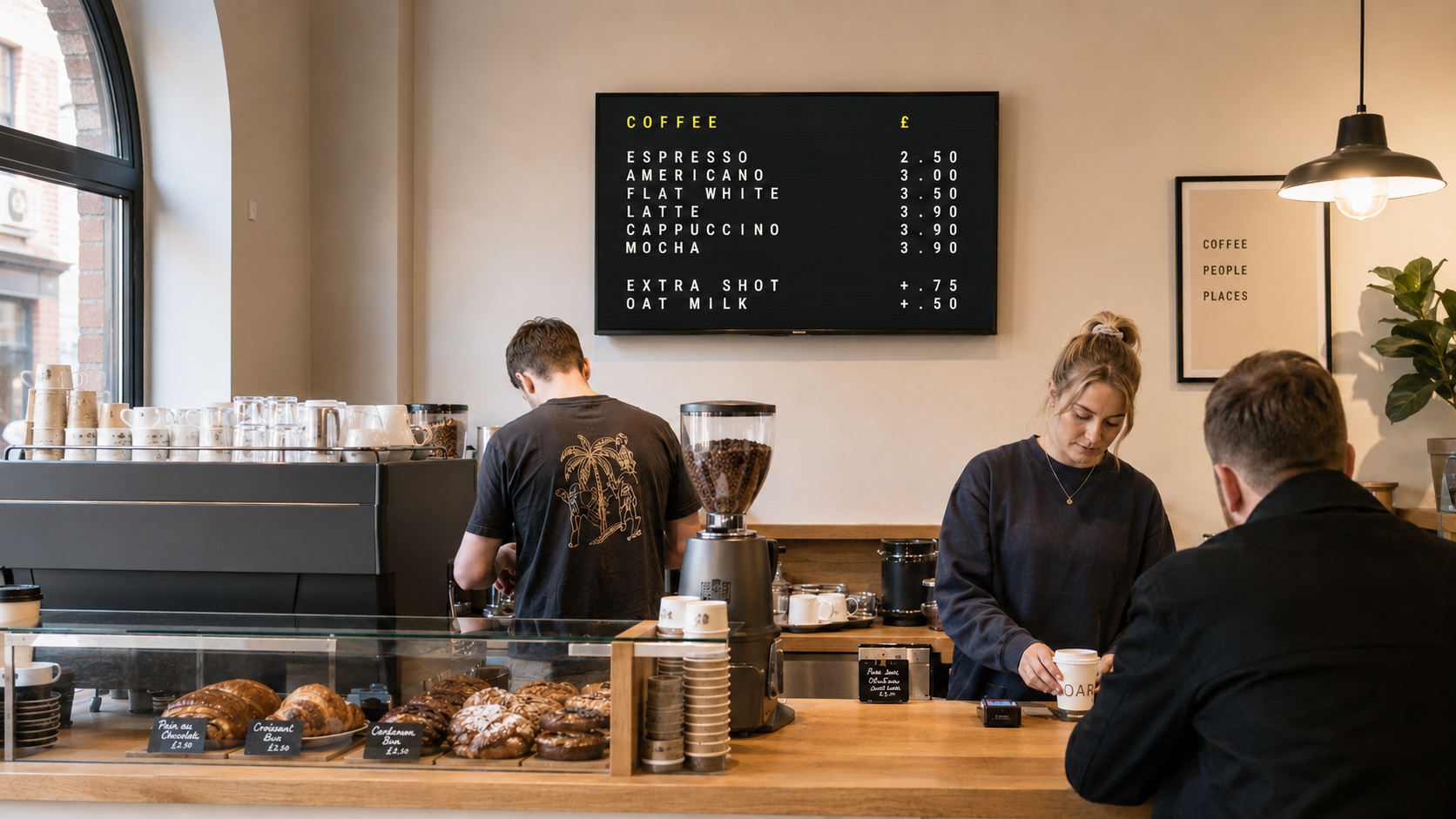 A digital coffee menu displayed in cafe