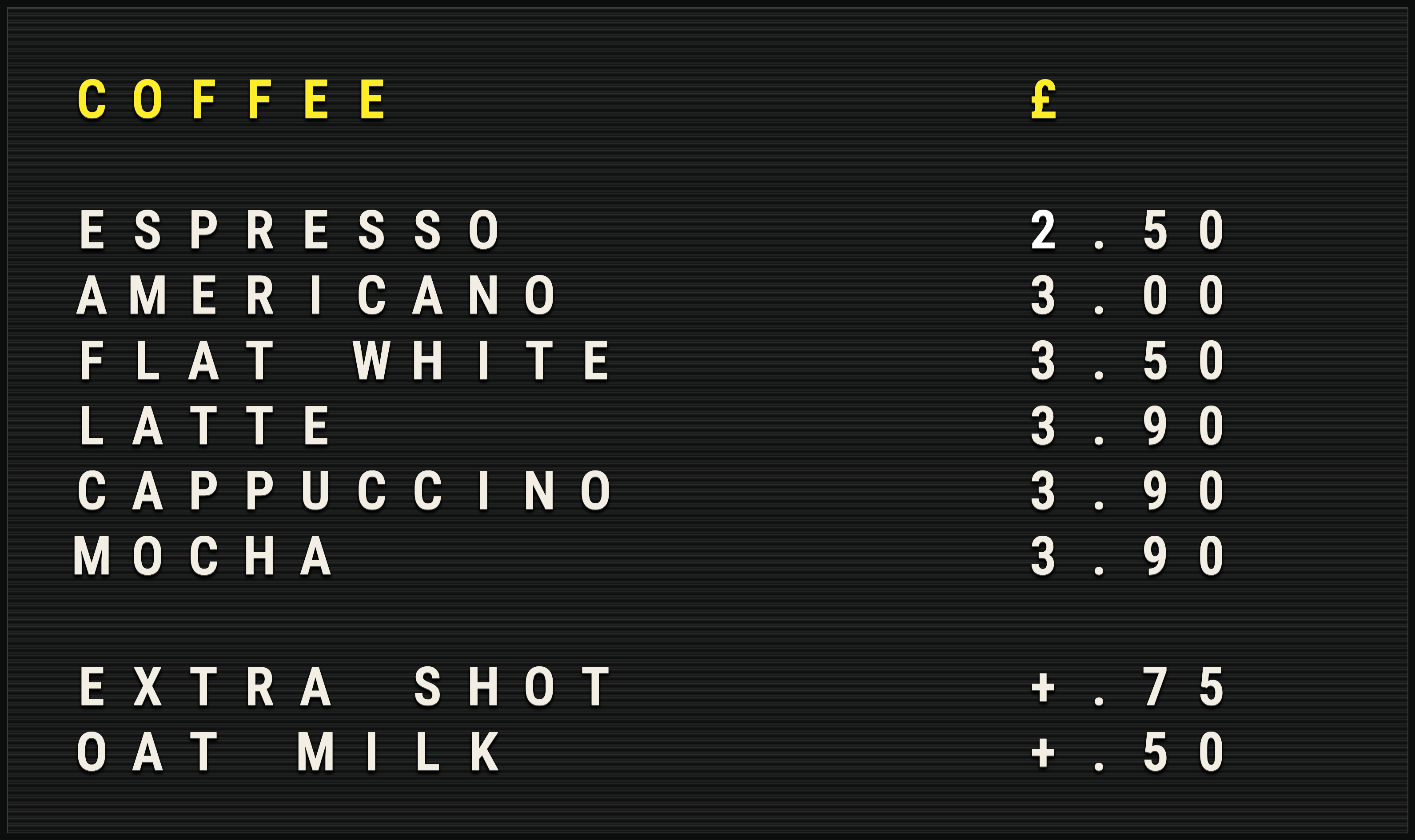 Coffee menu shown in the grooved letter board design