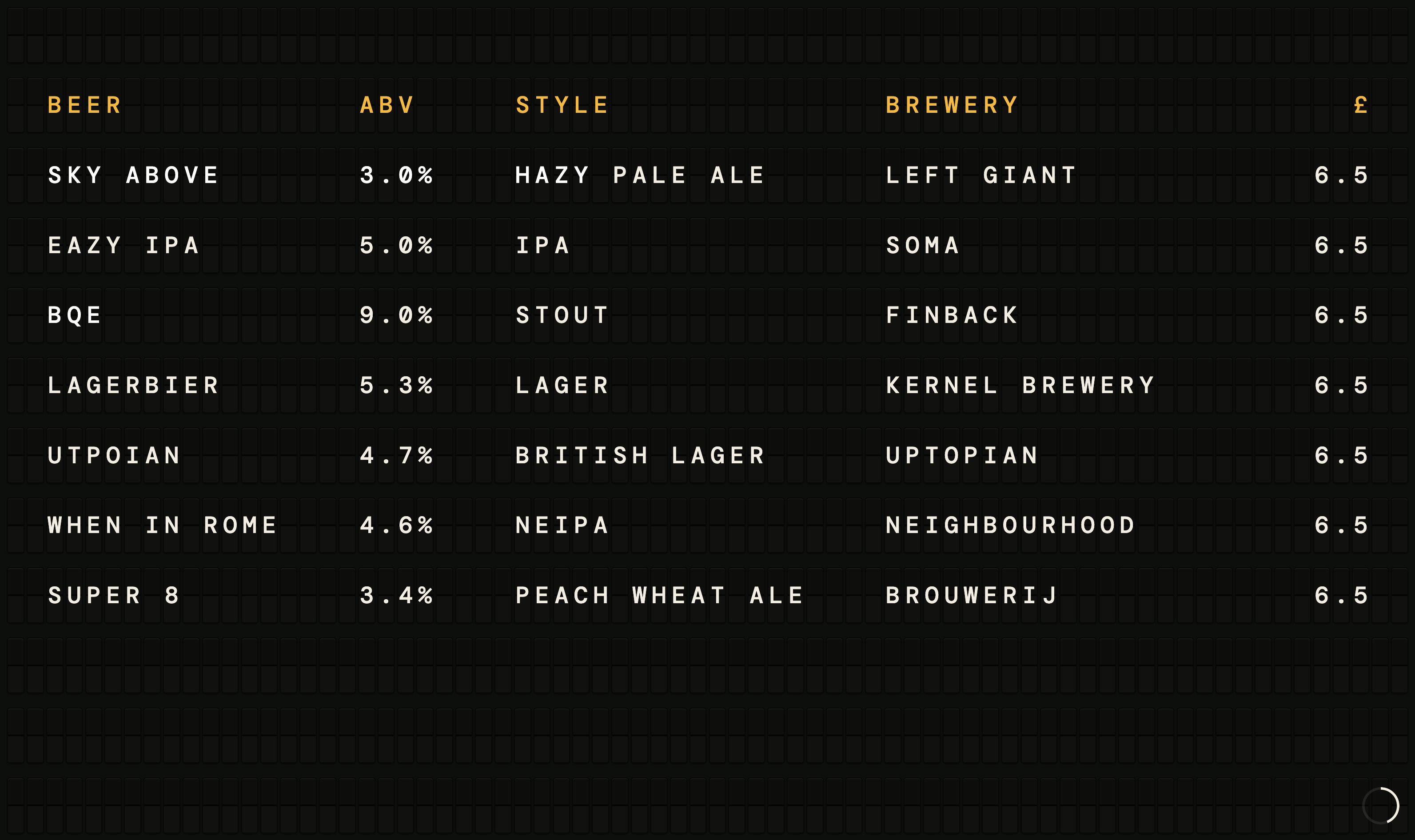 Wine, spirits and cocktails menu shown in the split-flap design