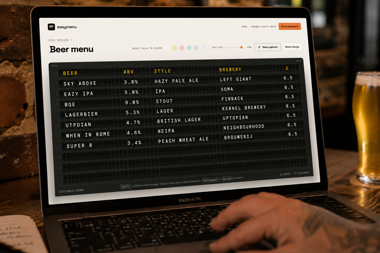 A beer menu being built in lettermenu on a laptop